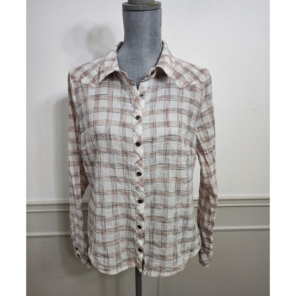 Frye and Company Women's Plaid Button Down Shirt Neutral Tan Brown L